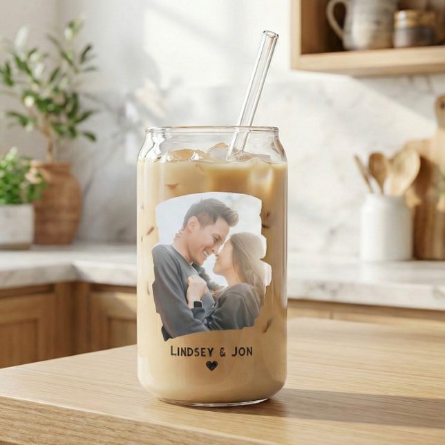 Modern Brushstroke Couple Photo & Name Iced Coffee Can Glass (Viral trendy can glass shape for iced coffee for anniversaries. Gifts for couples)