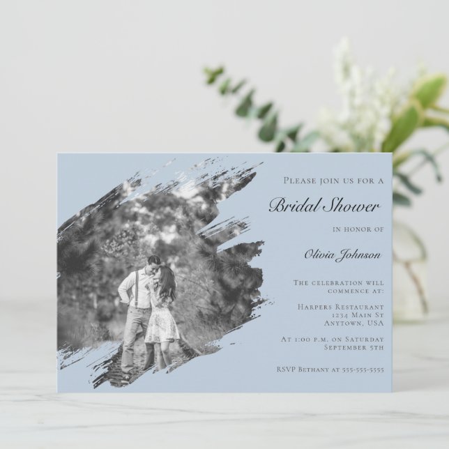 Modern Brushstroke Photo Bridal Shower Blue Invitation (Standing Front)
