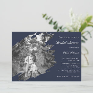 Modern Brushstroke Photo Bridal Shower Navy Blue Invitation