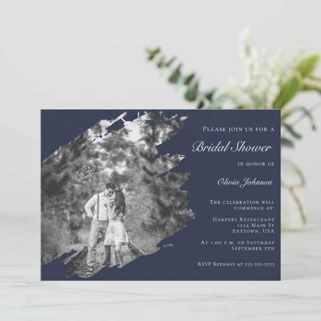 Modern Brushstroke Photo Bridal Shower Navy Blue Invitation (Standing Front)