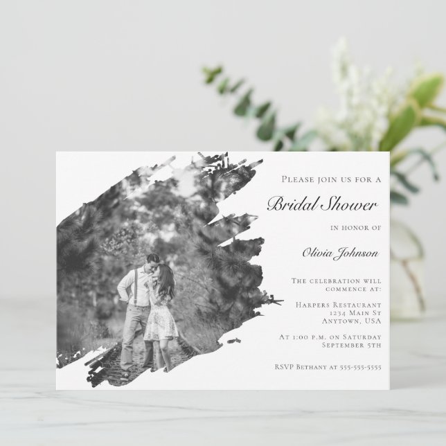 Modern Brushstroke Photo Bridal Shower | White Invitation (Standing Front)