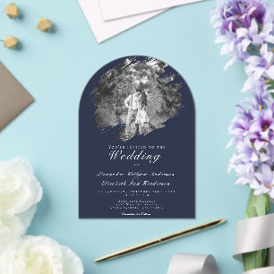 Modern Brushstroke Photo   Navy Blue Wedding Acrylic Invitations