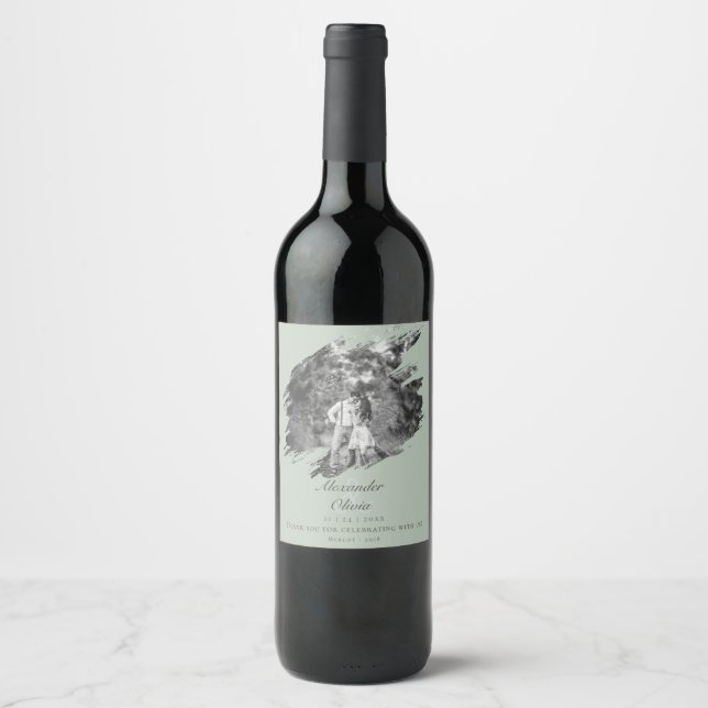 Modern Brushstroke Photo | Sage Green Wedding Wine Label (Front)