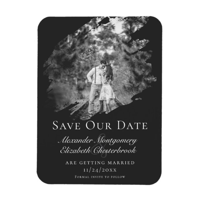 Modern Brushstroke Photo Save the Date Soft Black Magnet (Vertical)