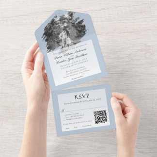 Modern Brushstroke Photo Wedding | Blue All In One Invitation
