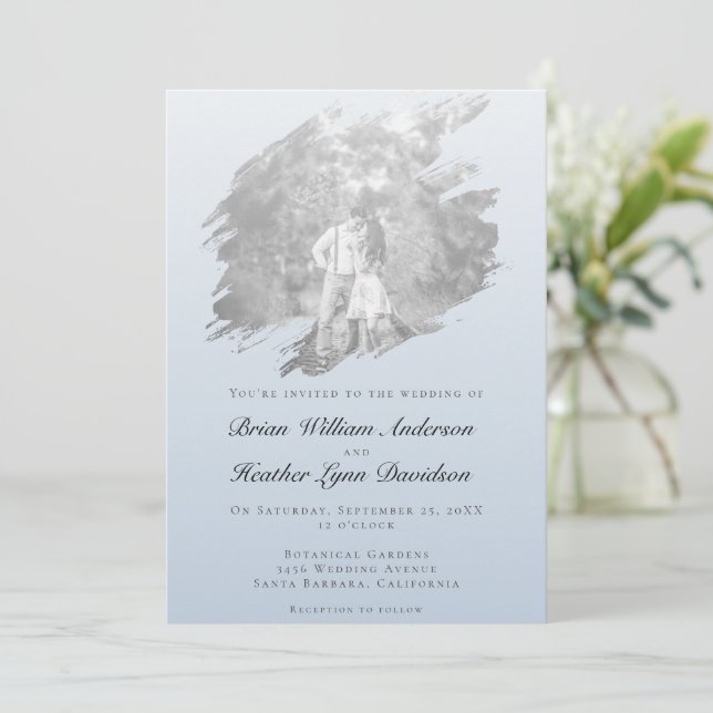 Modern Brushstroke Photo Wedding | Blue Invitation (Standing Front)
