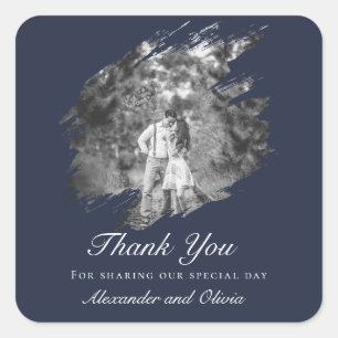 Modern Brushstroke Photo Wedding Favor Navy Blue Square Sticker