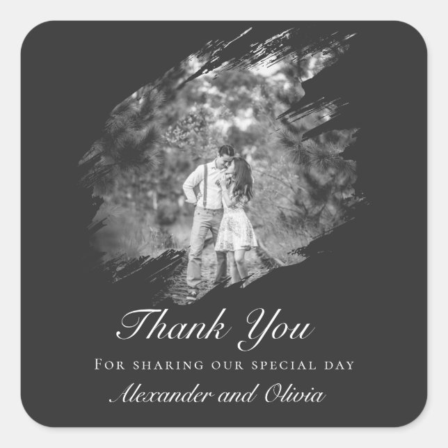 Modern Brushstroke Photo Wedding Favor Soft Black Square Sticker (Front)