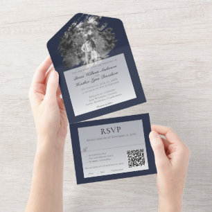 Modern Brushstroke Photo Wedding   Navy Blue All In One Invitation