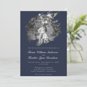 Modern Brushstroke Photo Wedding   Navy Blue Invitation