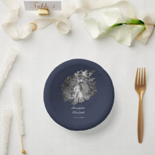 Modern Brushstroke Photo Wedding   Navy Blue Paper Plate