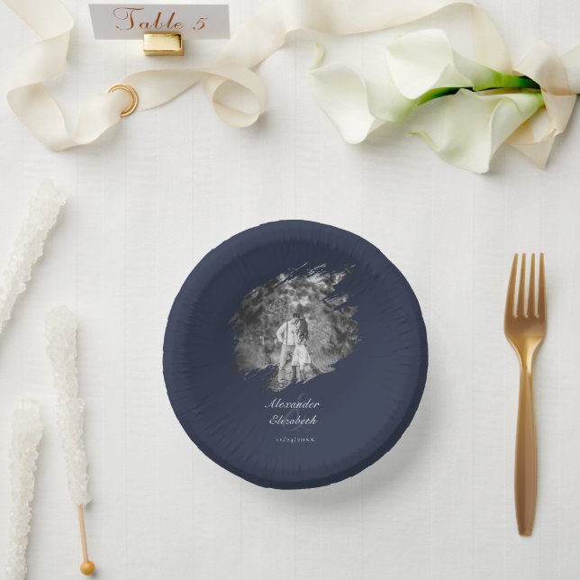 Modern Brushstroke Photo Wedding | Navy Blue Paper Plate (Wedding)