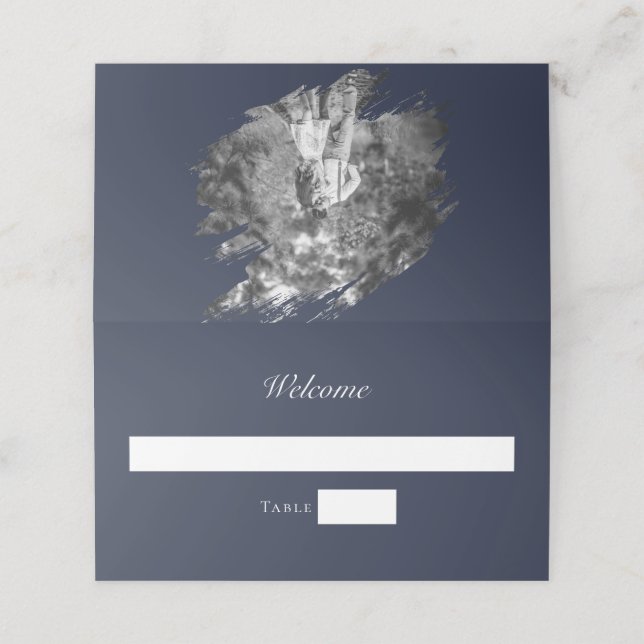 Modern Brushstroke Photo Wedding | Navy Blue Place Card (Outside Unfolded)