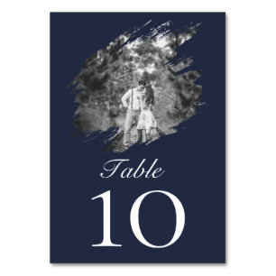 Modern Brushstroke Photo Wedding Navy Blue Table Number