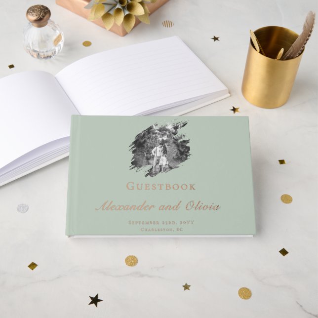 Modern Brushstroke Photo Wedding | Sage Green Guest Book (Front Open)