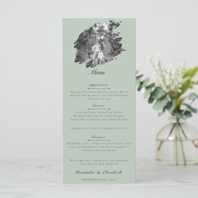 Modern Brushstroke Photo Wedding | Sage Green Menu (Standing Front)