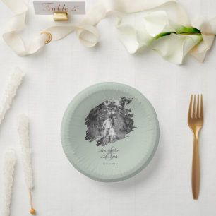 Modern Brushstroke Photo Wedding   Sage Green Paper Plate