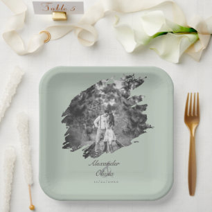 Modern Brushstroke Photo Wedding   Sage Green Paper Plate