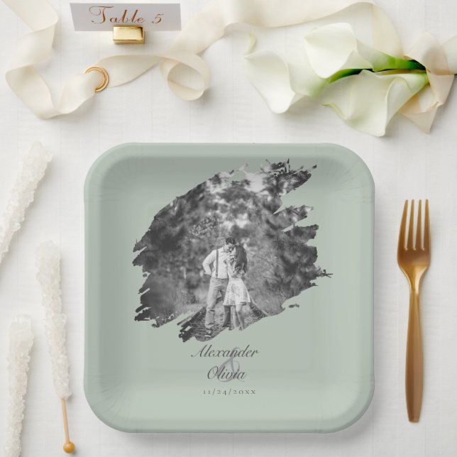 Modern Brushstroke Photo Wedding | Sage Green Paper Plate (Wedding)
