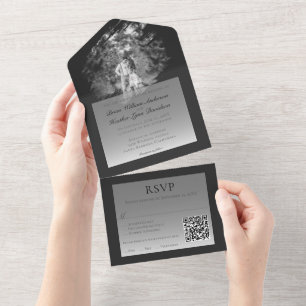 Modern Brushstroke Photo Wedding   Soft Black All In One Invitation
