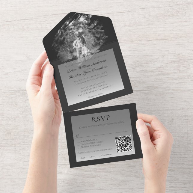 Modern Brushstroke Photo Wedding | Soft Black All In One Invitation (Tearaway)