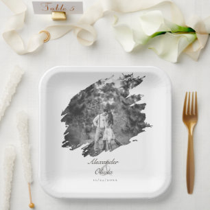 Modern Brushstroke Photo Wedding   White Paper Plate