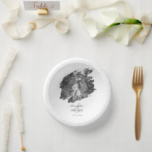 Modern Brushstroke Photo Wedding White Paper Plate