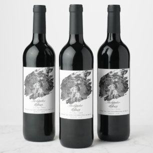 Modern Brushstroke Photo White Wedding Wine Label
