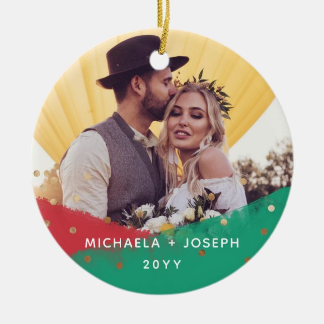 Modern Brushstrokes | Christmas Two Photo Ceramic Ornament (Front)