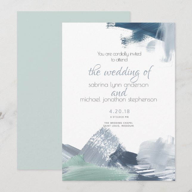 Modern Brushstrokes Dusty Blue Ocean Invitation (Front/Back)