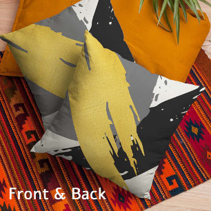 Modern Brushstrokes - Gold, Grey & Black Throw Pillow