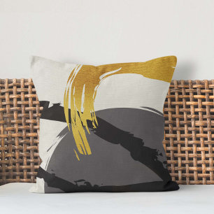 Modern Brushstrokes - Gold, Grey & Black Throw Pillow