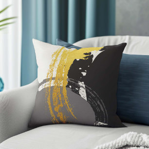 Modern Brushstrokes - Gold, Grey & Black Throw Pillow