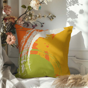 Modern Brushstrokes - Orange, Green & Yellow Throw Pillow