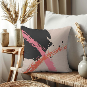 Modern Brushstrokes - Pink, Peach & Black on Beige Throw Pillow