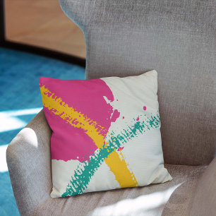 Modern Brushstrokes - Pink, Teal & Yellow on Cream Throw Pillow