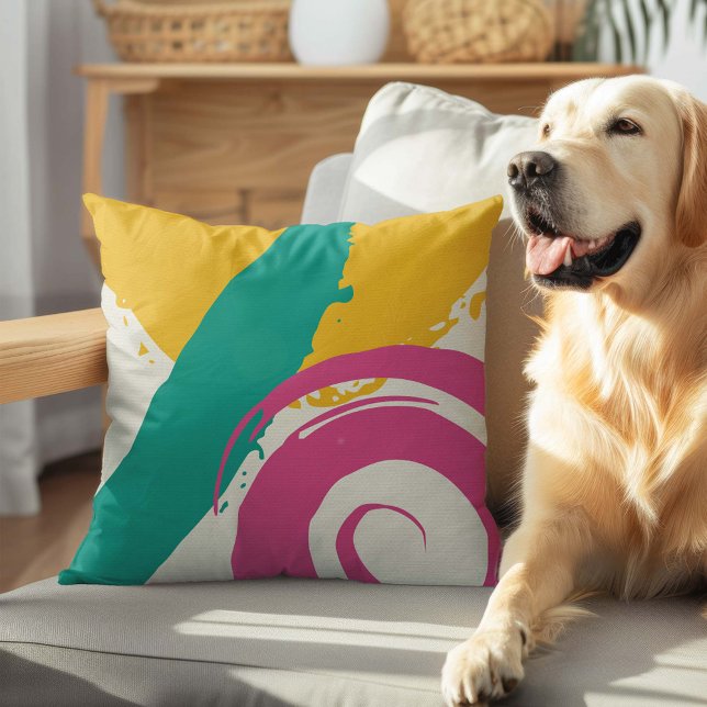 Modern Brushstrokes - Pink, Teal & Yellow on Cream Throw Pillow (Creator Uploaded)