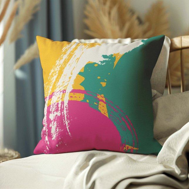 Modern Brushstrokes - Pink, Teal & Yellow on Cream Throw Pillow (Creator Uploaded)