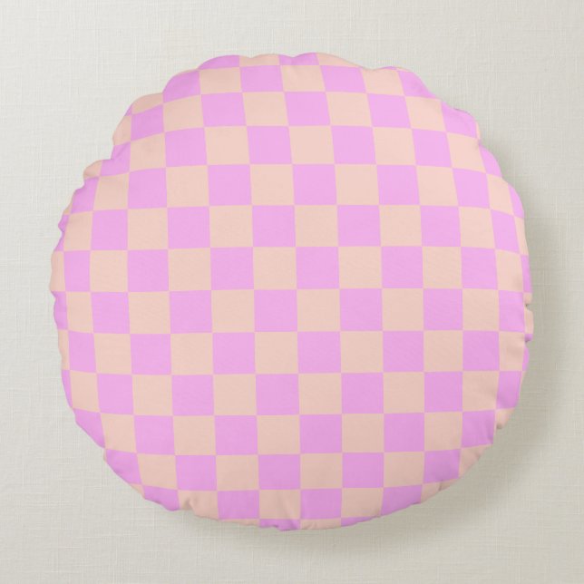 Modern Bubblegum & Peach Chequerboard Round Pillow (Front)