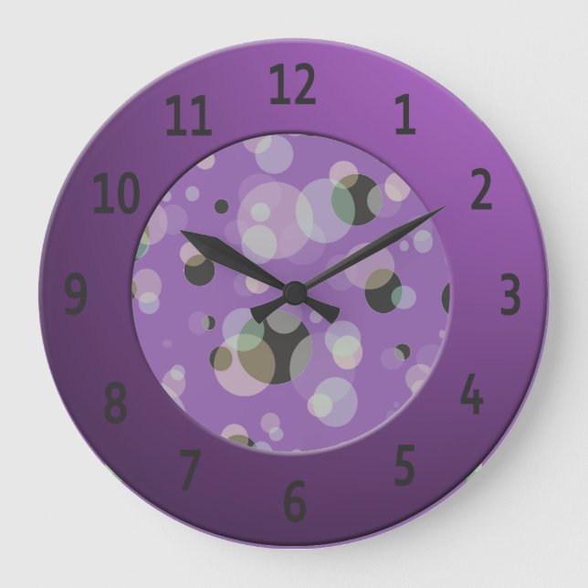 Modern Bubbles with Shiny Purple Digits Circle Large Clock (Front)