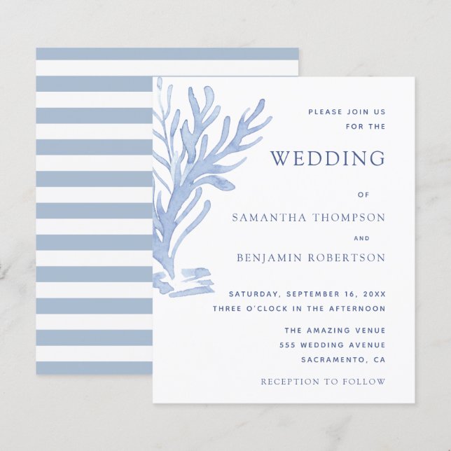 Modern Budget Beach Wedding Invitation Blue White (Front/Back)