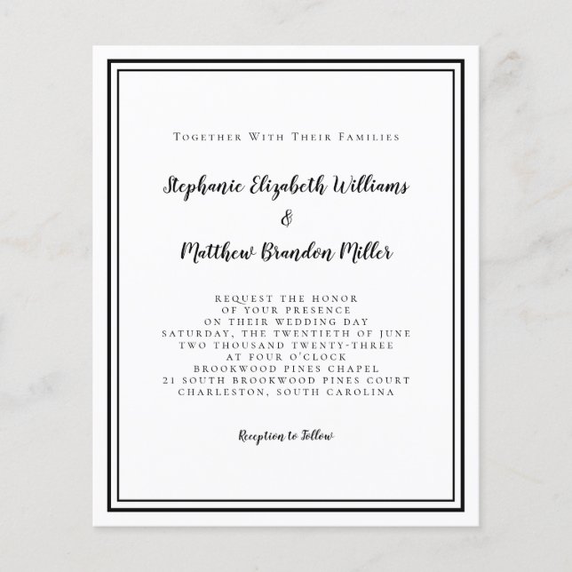 Modern Budget Black & White Wedding Invitation (Front)