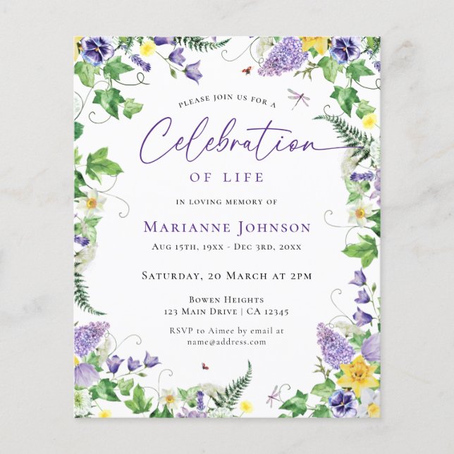 Modern Budget Floral Celebration of Life Funeral Flyer (Front)