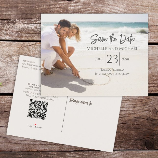 Modern Budget Photo Save the Date Wedding QR Code Announcement Postcard (Creator Uploaded)