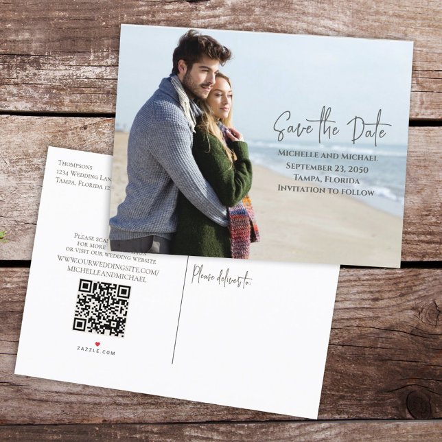 Modern Budget Save the Date Photo Wedding QR Code Announcement Postcard (Creator Uploaded)