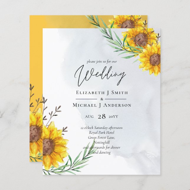 Modern BUDGET Sunflower Yellow Wedding Invite (Front/Back)