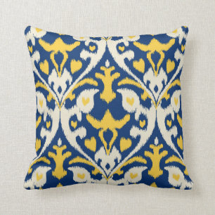 Modern buff yellow blue ikat tribal pattern throw pillow