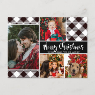 Modern Buffalo Plaid 4 Photo Collage Christmas Postcard