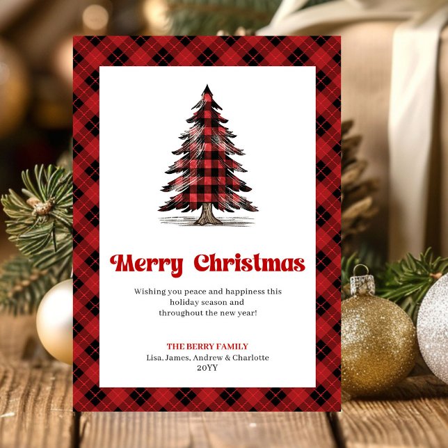 Modern Buffalo Plaid Christmas Tree Greeting Card (Send warm holiday wishes with this modern watercolor Christmas greeting card, featuring a red and bl)