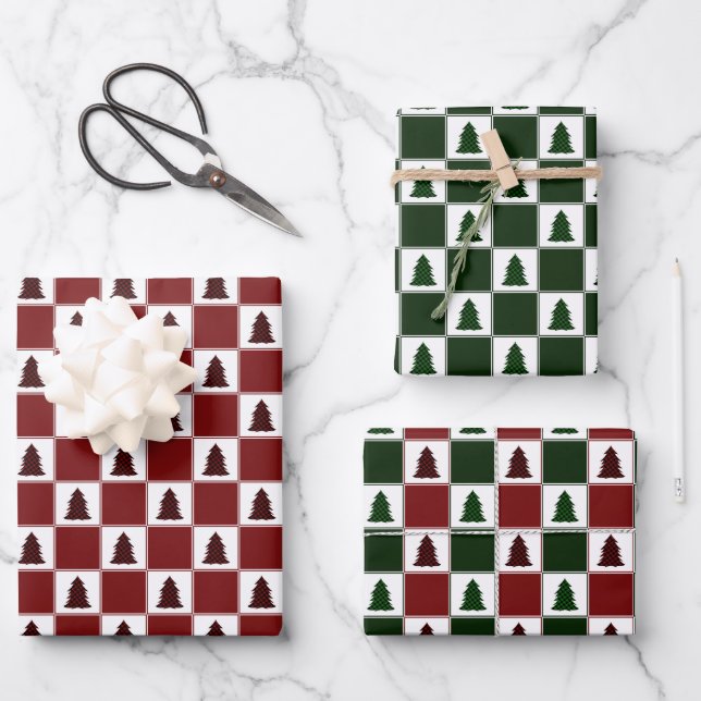Modern Buffalo Plaid Christmas Tree Pattern Wrapping Paper Sheet (Front)